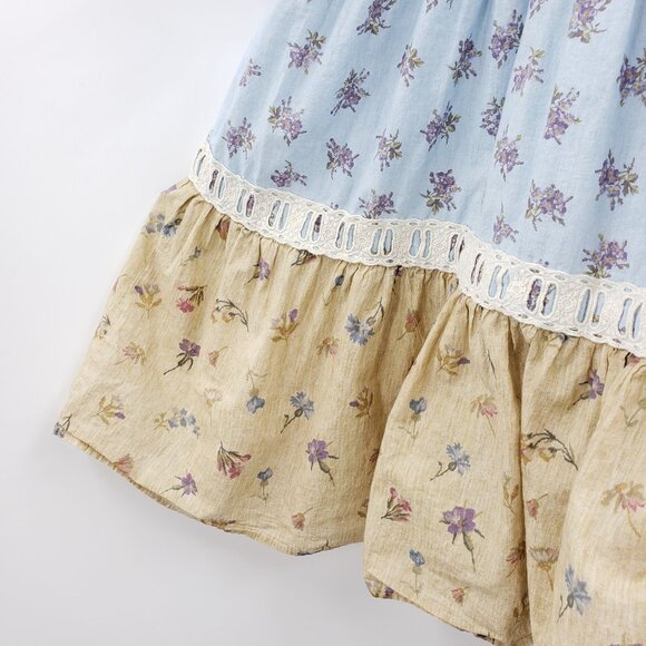 Zara Girl's Tea Dress Size 11 - 12 Years Pink Blue Tan Floral Tiered Lace Trim - Picture 2 of 8